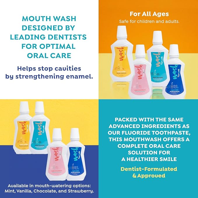 SuperMouth® Fluoride Mouthwash – Fluoride + Nano-Hydroxyapatite, Vitamins D3 & K2, Prebiotics, Alkaline pH 8.5, Alcohol-Free, Strengthens Enamel, Freshens Breath, Safe Clean Ingredients, Tasty Flavors
