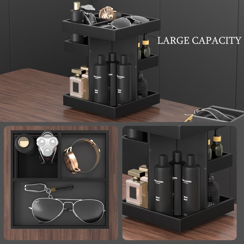 SNYTHX 360 Rotating Cologne Organizer for Men and Women, Large Wood Perfume Stand and Grooming Station for Bathroom Vanity & Dresser Countertop, Gift for Dad Husband Boyfriend, Black