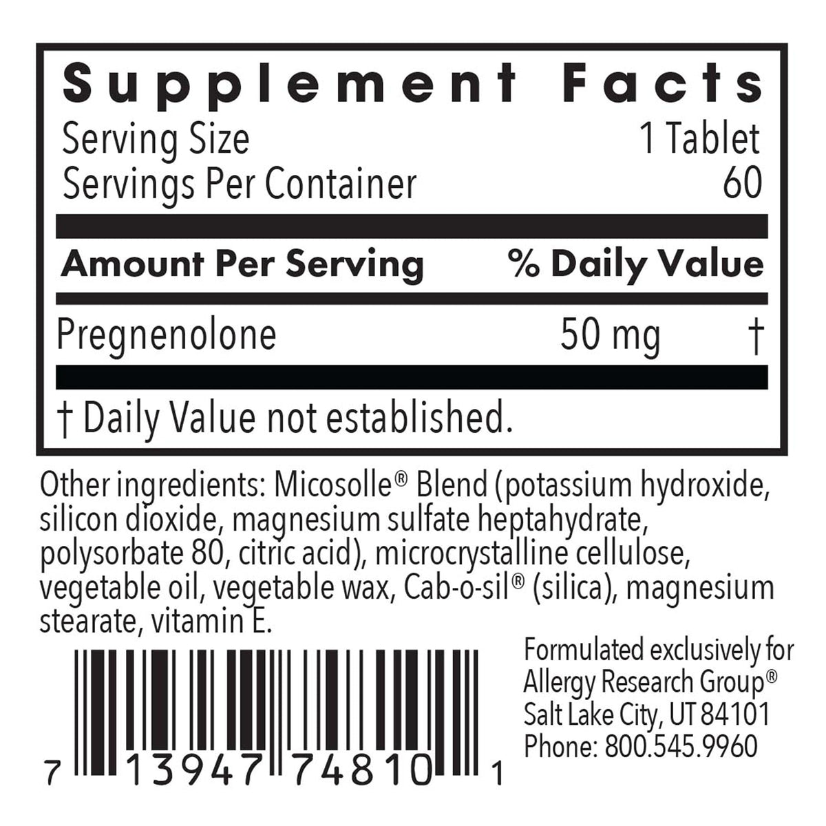 Allergy Research Group ARG Pregnenolone 50 mg - Micronized Hormone Precursor Support - Highly Bioavailable - Hypoallergenic - 60 Servings - 60 Scored Tablets
