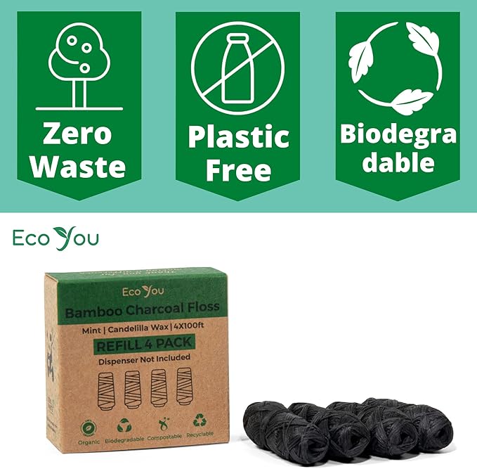 Bamboo Charcoal Dental Floss | Mint & Candelilla Wax | Vegan & Biodegradable (4 Refills Pack) | Pfas Free