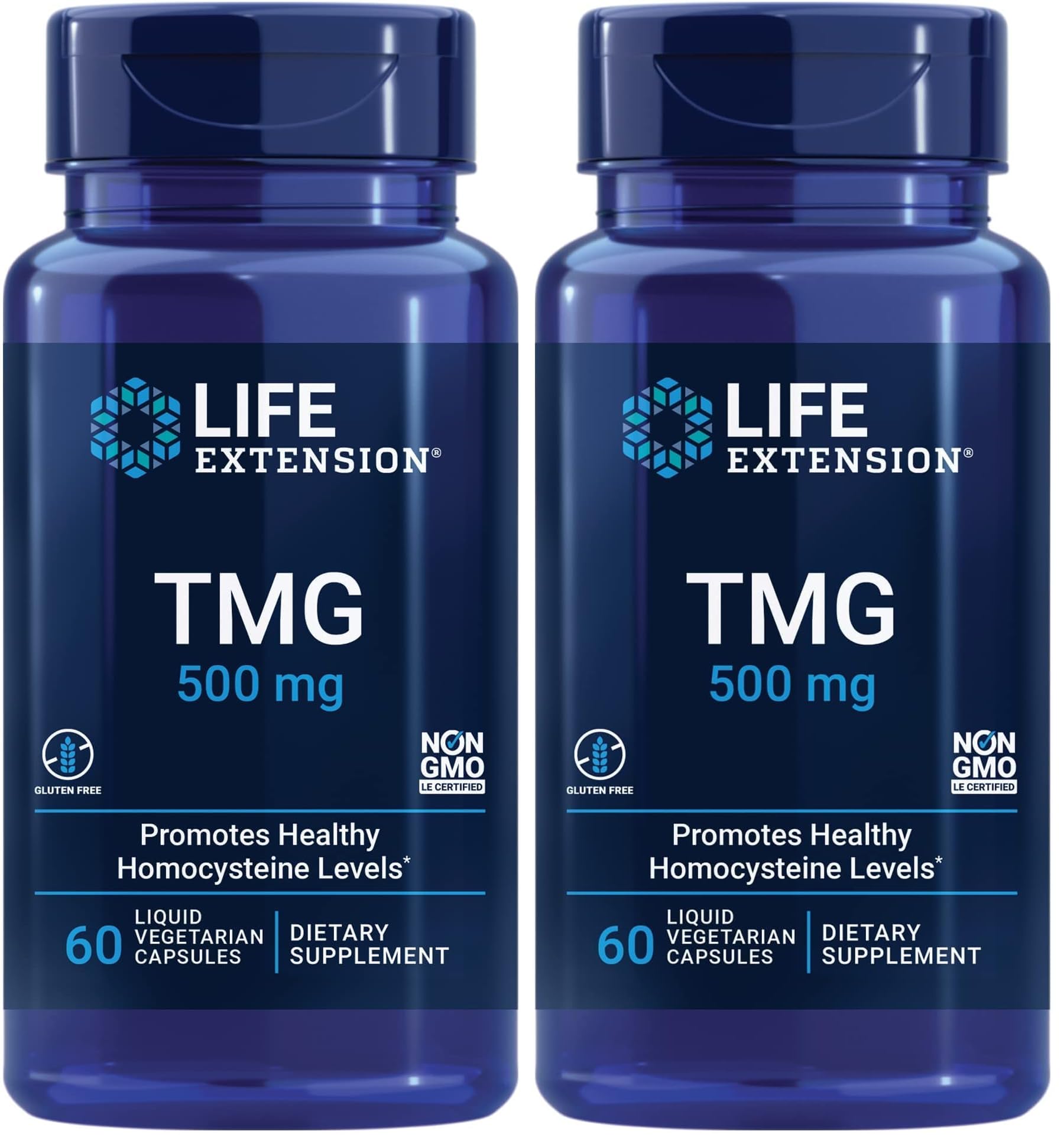 Life Extension TMG 500 mg – Trimethylglycine Supplement – Encourages Healthy Homocysteine Levels – Gluten-Free – Non-GMO – Vegetarian – 60 Liquid Vegetarian Capsules (Pack of 2)