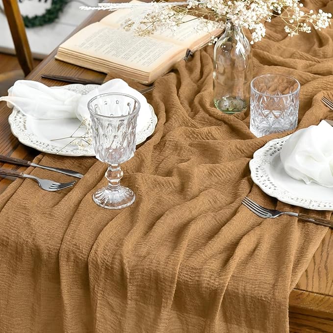 Artoid Mode Boho Cheesecloth Gauze Mustard Yellow Wedding Table Runner, 120 Inch Seasonal Fall Thanksgiving Fabric Kitchen Dining Holiday Table Decor for Home Party Indoor