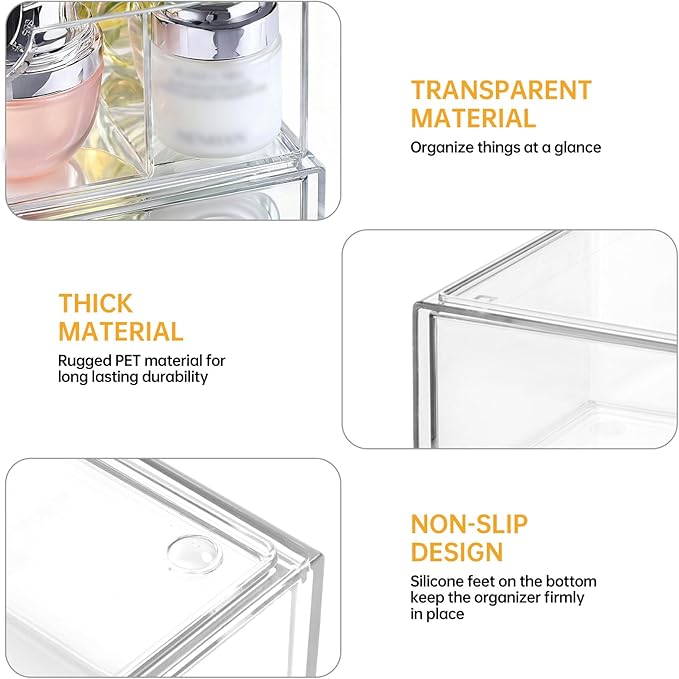 Medicine Cabinet Organizer 3 Pack, Plastic Stackable Storage with 2 Drawers, Bathroom Mirror Cabinet Organizer with Removable Dividers for Wall Cabinet, Vanity, Countertop, Clear