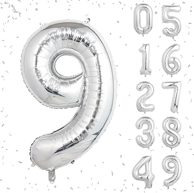 40 Inch Silver Number Balloons, Helium Mylar Foil Number Balloons for Birthdays, Number 9 Balloon for Party Wedding Bachelorette Birthday Bridal Shower Graduation Anniversary Celebration Party Decorations Supplies
