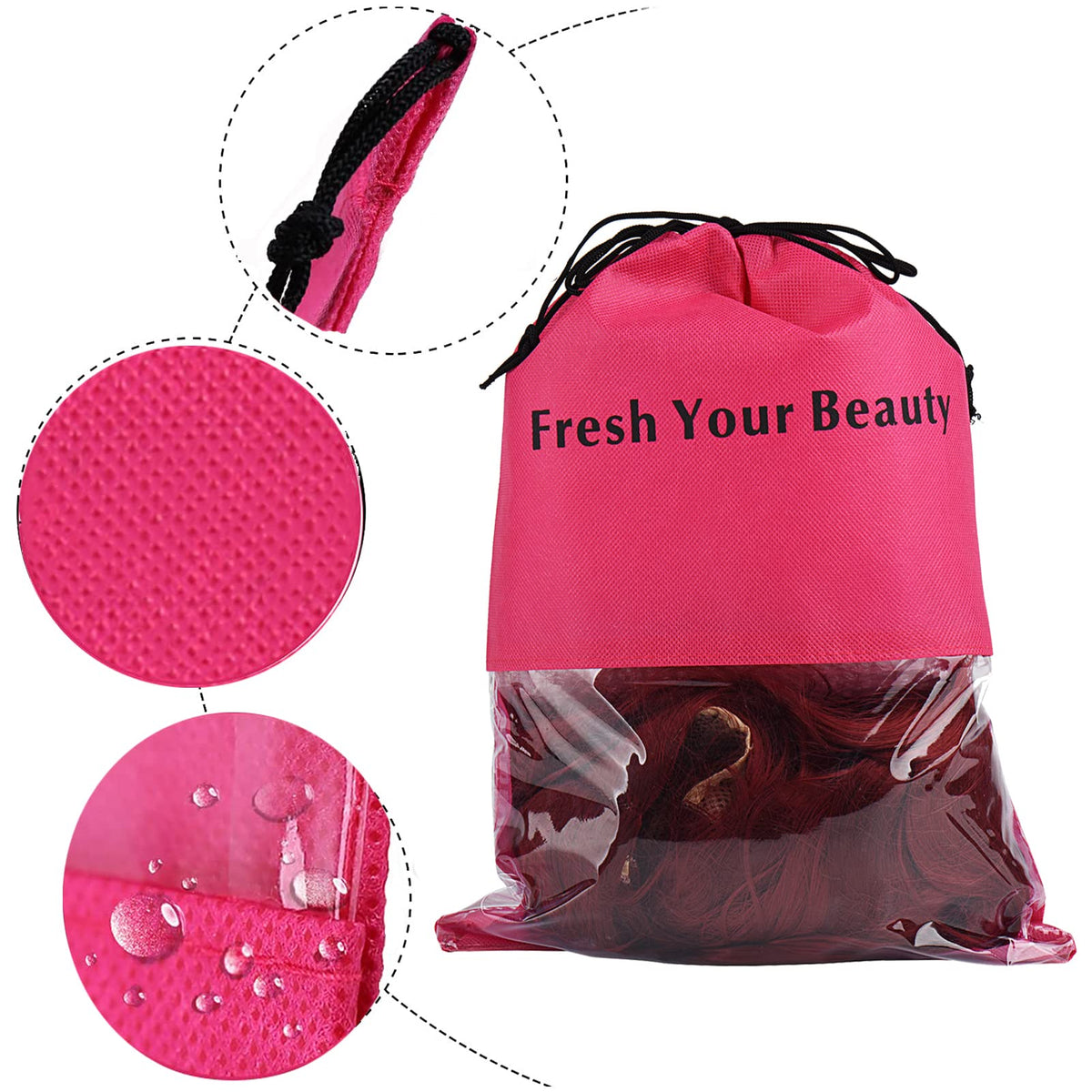 10 Packs Wig Storage Bags with Drawstring Hair Extensions Holder Hairpieces Carrier Organizer Dustproof Protector Pouch for Travel Daily Use (Large,Rose red)
