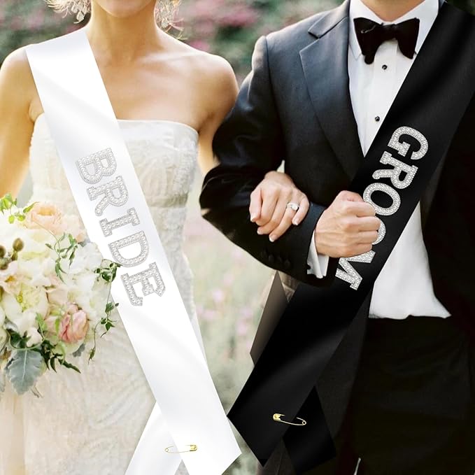 2Pcs Pearl Bride and Groom Sash - White BRIDE Sash & Black GROOM Sash for Bachelorette Party, Hen Party, Wedding, Bridal Shower & Engagement Favors