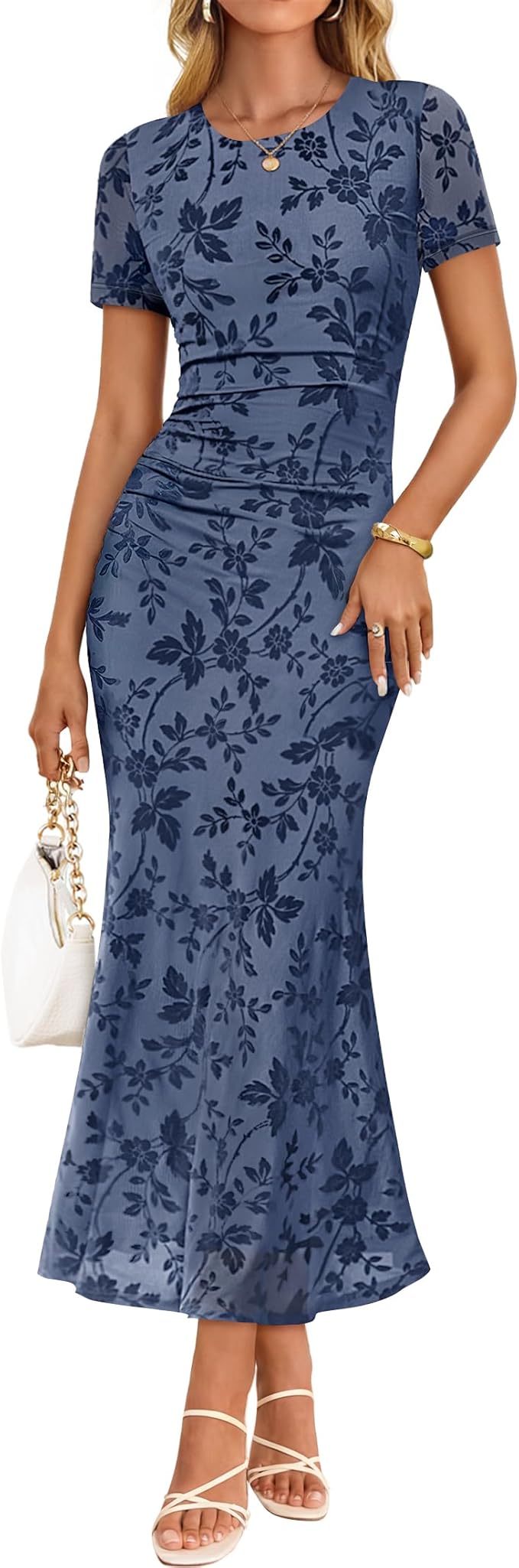 ZESICA Women's Summer Floral Bodycon Long Dress 2026 Ruched Mesh Formal Cocktail Party Wedding Guest Maxi Dresses