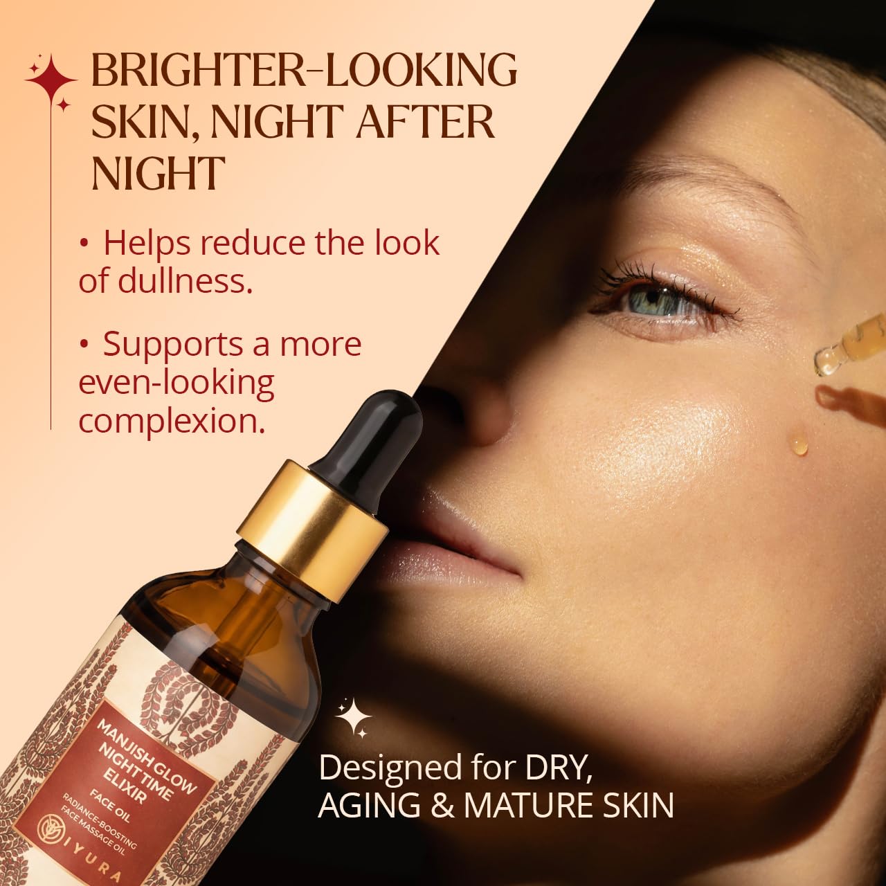 iYURA Manjish Glow Elixir - Traditional Glow-Boosting Face Moisturizer for an Instant Dewy Glow & Clear-looking skin – Lightweight, 100% Natural Nighttime Face Oil, 1.69 fl oz