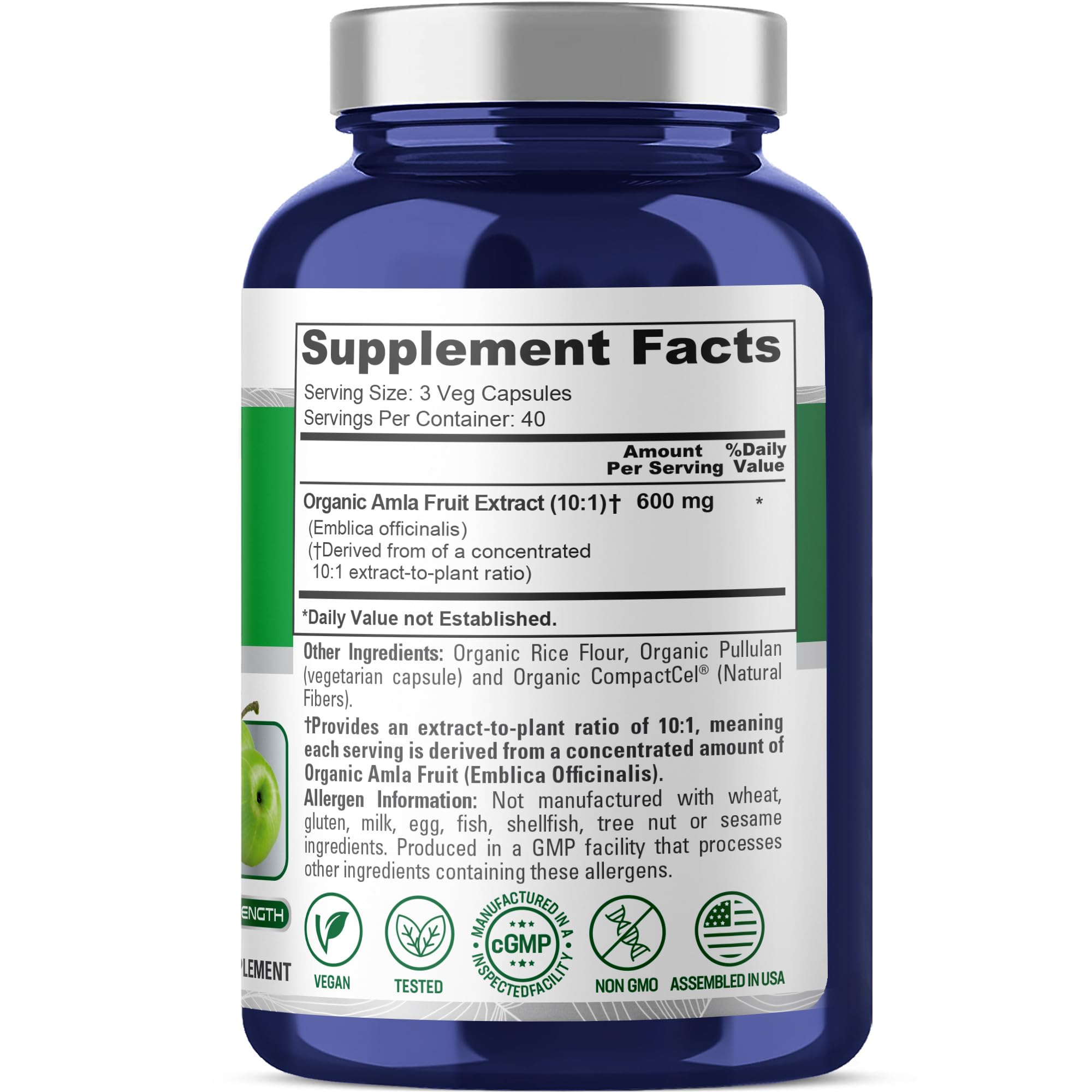 NusaPure Organic Amla Capsules 600 mg , 120 Veg Capsules (USDA, Vegan, Non-GMO)