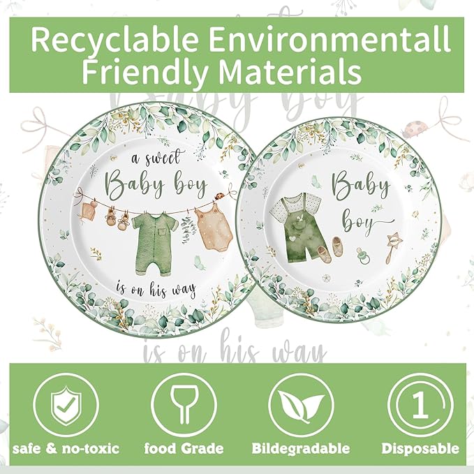 140PCS Greenery Gender Reveal Baby Shower Plates and Napkins Supplies, Boho Greency Party Decorations Tableware Set Dessert Plates Napkins Forks for 20 Guests (Green)