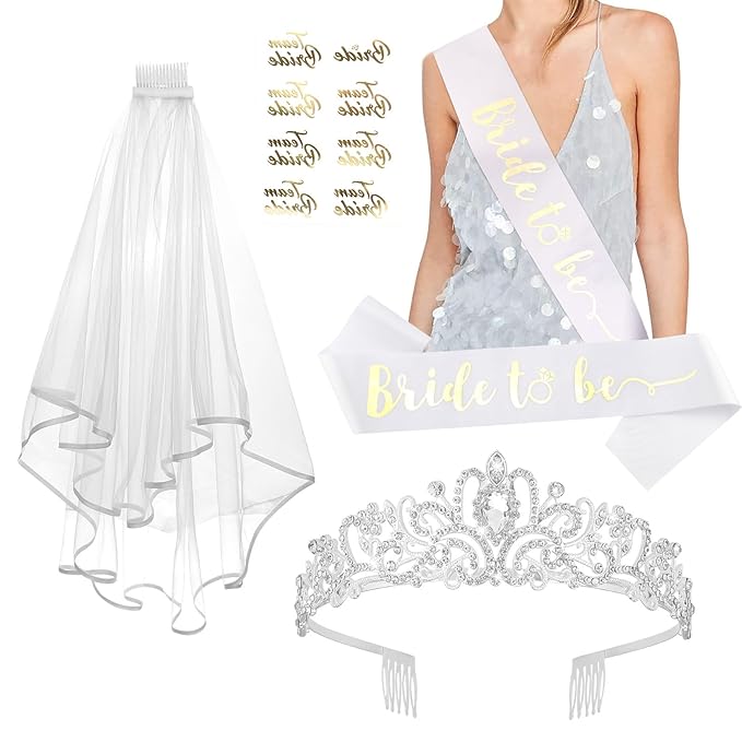 CIEHER Silver Tiara + Wedding Veil + Bride To Be Sash + Bachelorette Temporary Tattoos Set, Bachelorette Party Favors Bridal Shower Decorations