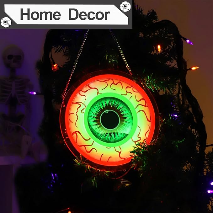 Halloween Window Decorations Indoor Lights, Eyeball Shaped Neon Signs, Red and Green Led Lights Battery Operated Or USB Powered,Cute Gothic Decor for Home, Room, Wall, Office, Mental(1Pack)