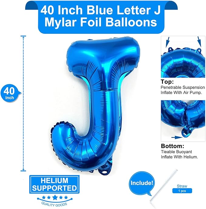 Lovoir 40 Inch Large Blue Letter J Balloons Big Size Jumbo Mylar Foil Helium Balloon for Birthday Party Celebration Decorations Alphabet Blue J