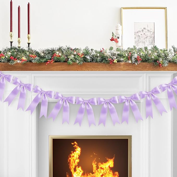 Purpe Bow Garland Bow Banner Bow Party Decorations Pre-Strung Large Coquette Satin Ribbon for Birthday Bachelorette Party Bridal Shower Wedding Engagement Baby Shower
