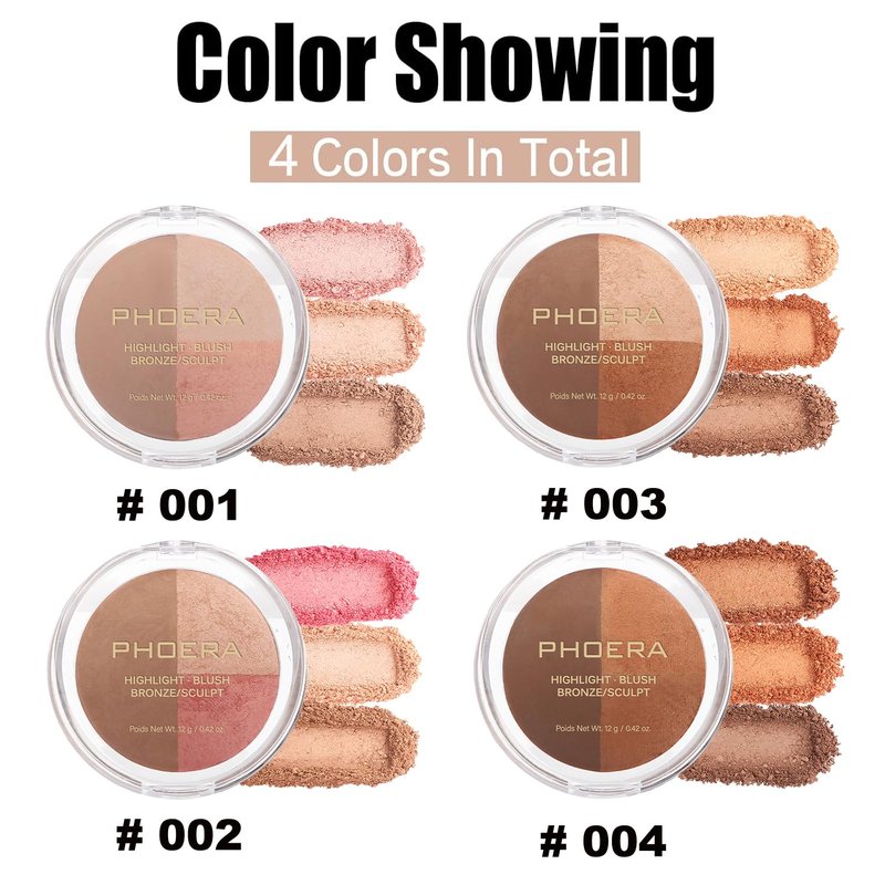 PHOERA Contour Palette,Shades with Highlighter & Bronzer & Blush,Non-greasy and Waterproof Contouring Makeup,Easy to Sculpt the Face with Lightweight Makeup (#004)