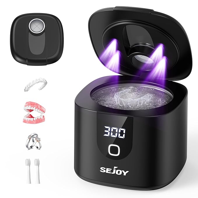 Sejoy 45kHz Ultrasonic Retainer Cleaner, Double Denture Cleaning Machine with Digital Timer, Cleaner for Braces, Mouth Guards, Rings, Toothbrush