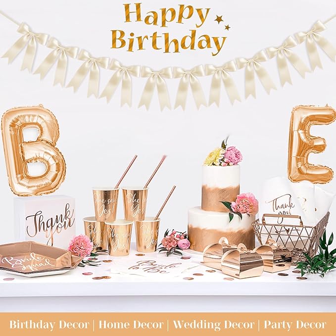Ivory White Bow Garland Bow Banner Bow Party Decorations Pre-Strung Large Coquette Satin Ribbon for Birthday Bachelorette Party Bridal Shower Wedding Engagement Baby Shower