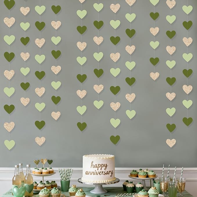 Sage Green Champagne Gold Heart Party Decorations Glitter Champagne Gold Paper Olive Green Love Heart Hanging Garland Banner Streamer for Birthday Baby Shower Wedding Anniversary Valentines Day Party