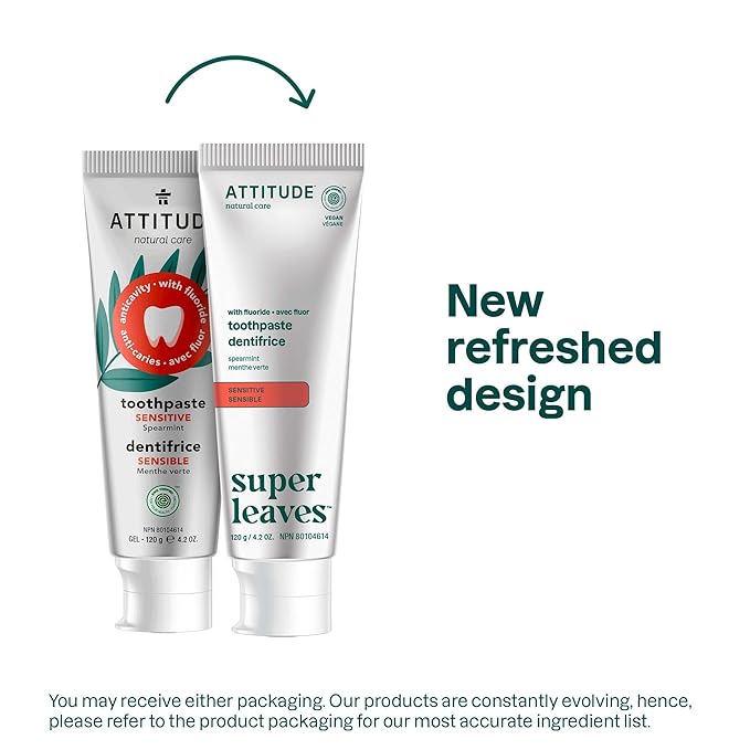 ATTITUDE Sensitive Toothpaste with Fluoride, Spearmint Flavor, Vegan & Cruelty-Free, Sugar-Free, Plant & Mineral-Based Ingredients, Clean Oral Care, 4.2 Oz