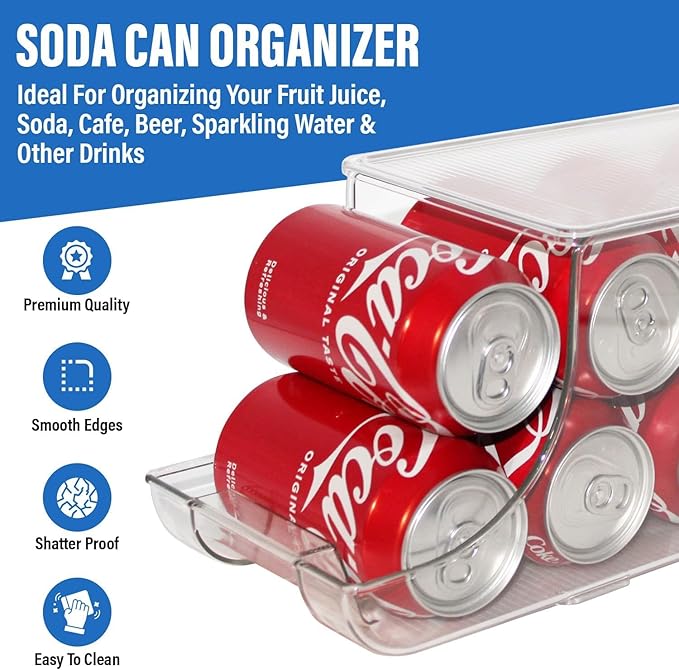 Soda Can Organizer with Lids, Stackable Soda Can Dispenser for Refrigerator, Clear Can Holder Organization and Storage Bins for Fridge, Kitchen, Countertop, Drink Pantry Organizers, Holds 12 Cans Each