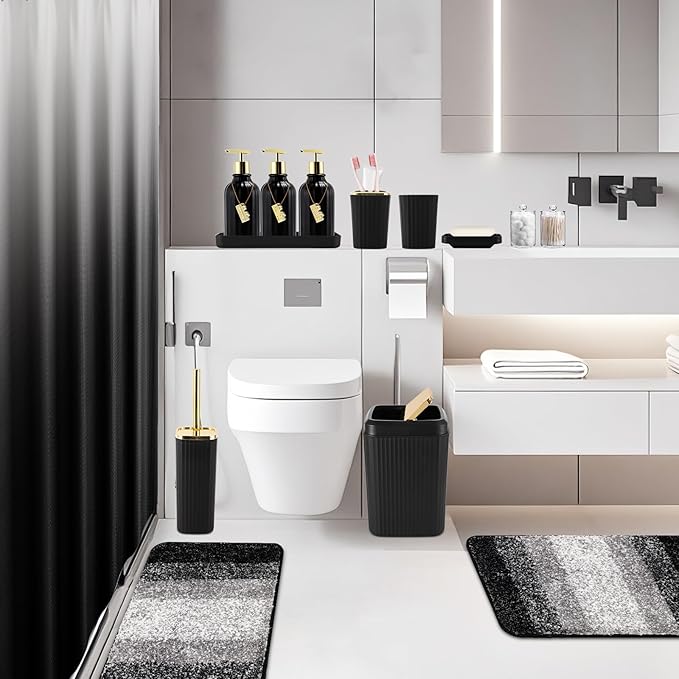 32PCS Bathroom Set Bathroom Sets with Shower Curtain and Rugs Black Bathroom Accessories,Shower Curtain Set,Bathroom Rug Set with Bathroom Trash Can