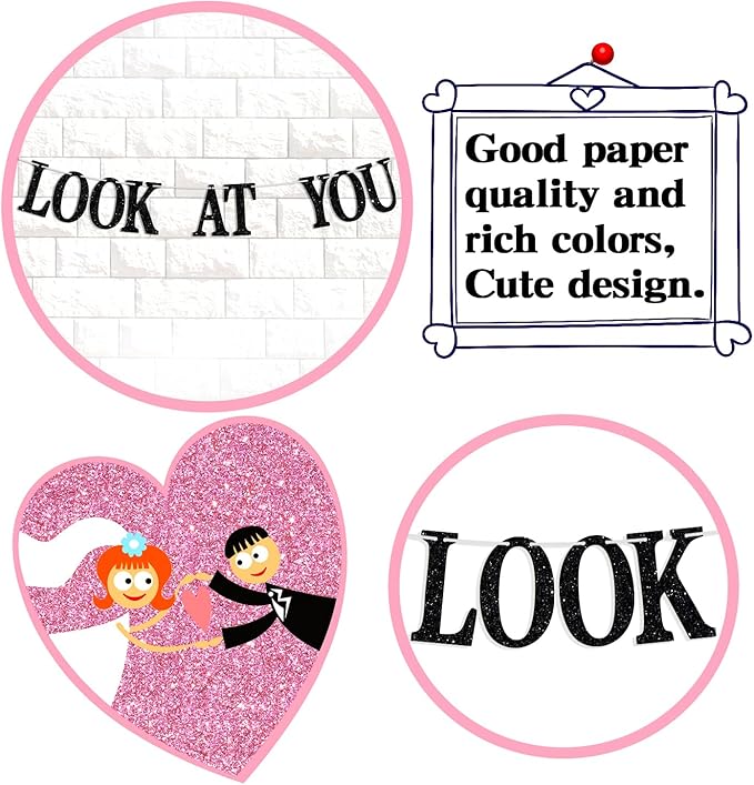 Look At You Getting Engaged Banner, Newly Engaged Gift for Bride, Engagement/Wedding/Brial Shower Party Decoration Supplies for Friends, Black Glitter
