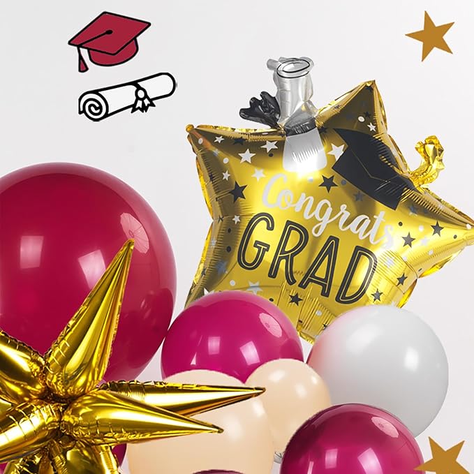 Burgundy White Gold Graduation Balloon Garland Arch Kit 126PCS with foil Star Crown graduation Cap balloons for School students graduate class of 2026 Prom Party decorations