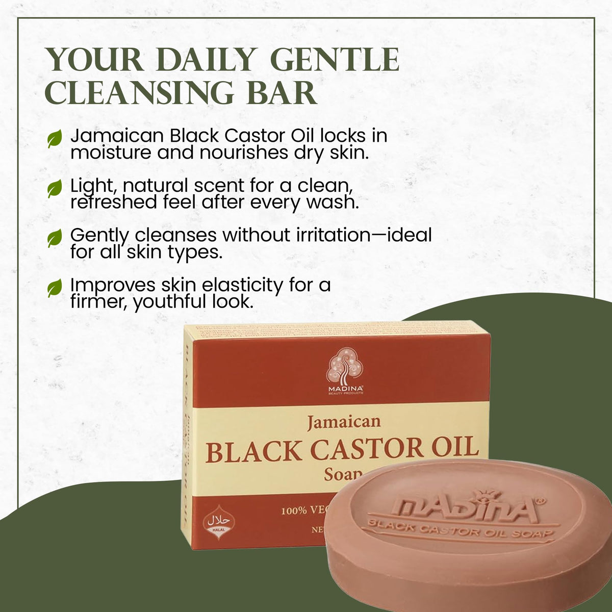 Madina Jamaican Black Castor Oil Soap Bar – Deep Moisturizing, Hydrating, 100% Vegetable-Based, Halal & RSPO Certified, Gentle Cleanser for All Skin Types, 6 Pack (3.5 oz Each)