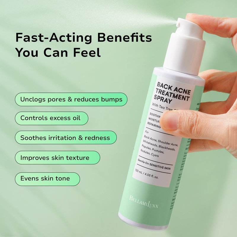 BellamiLuxx Back & Body Acne Treatment: 2% Salicylic Acid Back Acne Spray for Clear, Soothe & Moisturize - Effective Bacne Treatment with Tea Tree Oil, Body Acne Spray for Men, Women & Teens