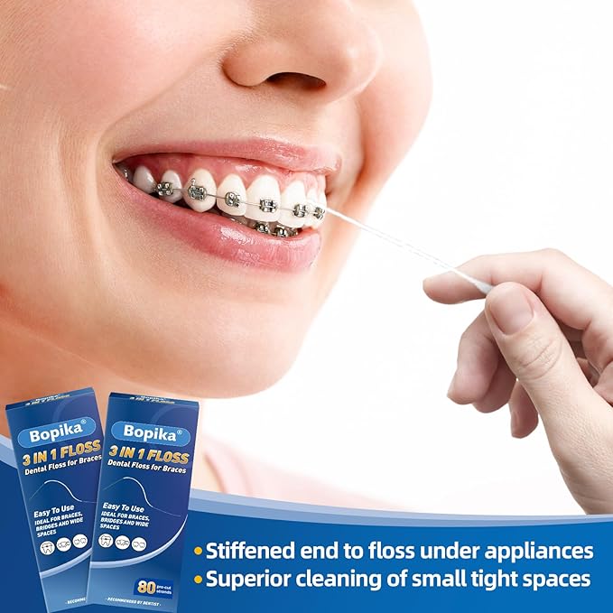 Bopika Dental Floss for Braces, 3 in 1 Ultimate Floss, Floss Threaders for Bridges and Implants, 80 Pre-Cut Strands (Pack of 3)