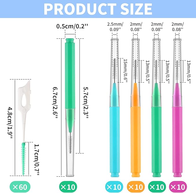 Interdental Brush, 100Pcs Soft Braces Brush Set, 40Pcs Tooth Flossing Head for Oral Hygiene Tooth Cleaning with 60pcs Disposable Braces Flossers Tooth Cleaning Tool (Stylish Colors,Multiple Sizes)