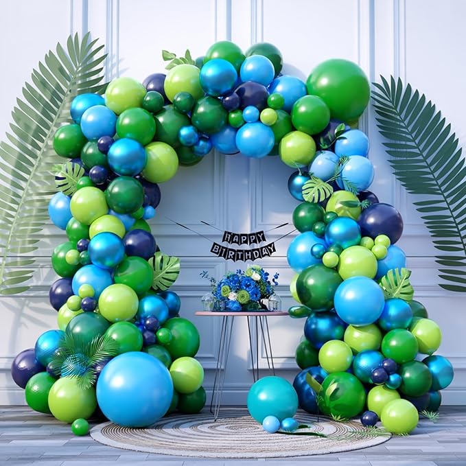 FunHot Blue Green Balloon Arch Kit, Dinosaur Balloon Garland Kit with Fruit Green Dark Navy Blue Latex Balloons for Boys Baby Shower Jungle Safari Kids Dinosaur Themed Birthday Party Decorations