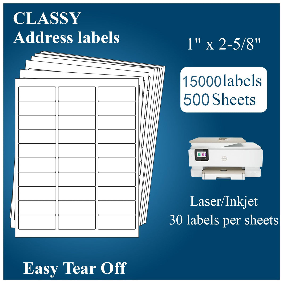 (500 Sheets, 15000 Labels) Sticker Paper, 1" x 2 5/8" Shipping Address Labels, 30 Per Page Self Adhesive Mailing Label for Laser and Inkjet Printers