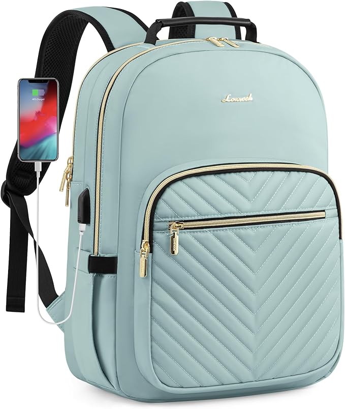 LOVEVOOK Laptop Backpack Purse for Women, Work Travel Computer Bags, College School Backpack for Student Girl, Quilted Casual Daypack with USB Port, Fit 15.6 Inch Laptop, Mint Green