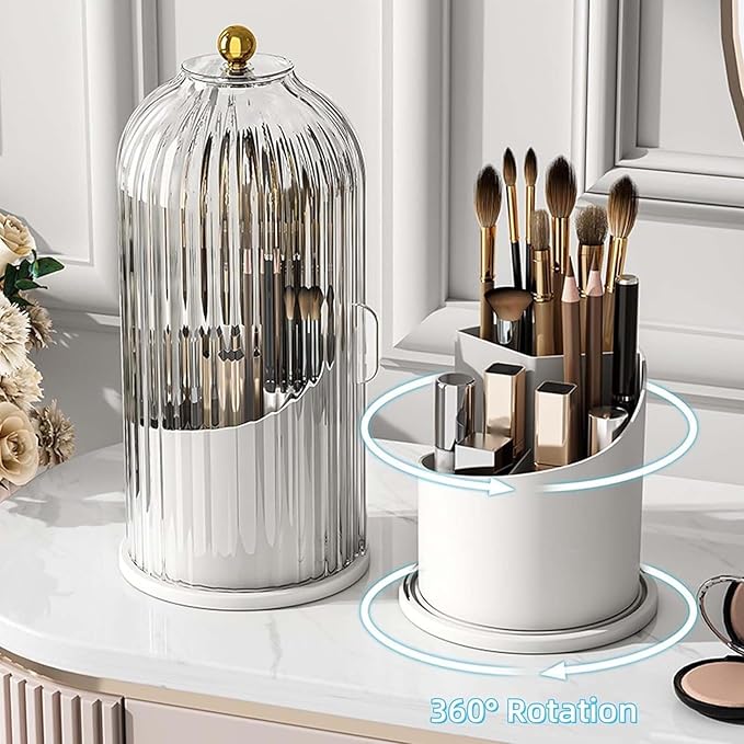 Sliding Lid Toothbrush Organizer, Toothbrush Holders with Sliding Lid, 360° Rotating Dustproof Concealed Toothbrush Holder, 3-Slot Varying Heights, Ideal for Bathroom, Makeup & Travel (White)