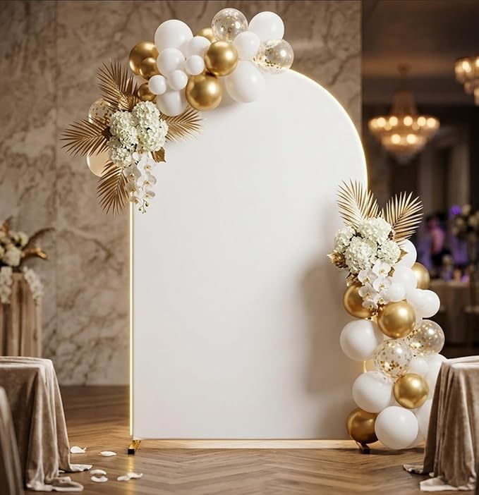 Metal Arch Backdrop Stand and Cover Set, 7.2FT White Reusable Spandex Fitted Backdrop Cover and Gold Wedding Arch Frame for Baby Shower, Birthday, Parties Decoration.