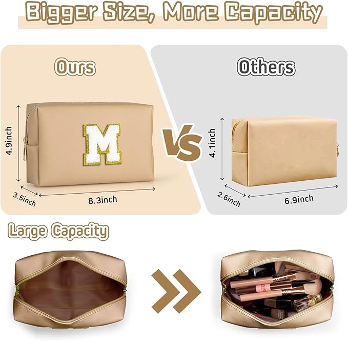 TOPEAST Birthday Gifts for Girls, Travel Makeup Bag Chenille Letter Pouch Cosmetic Bag, Makeup Travel Organizer, Monogrammed Bridesmaid Gifts for Women, Cute Stuff for Girls (Khaki J)