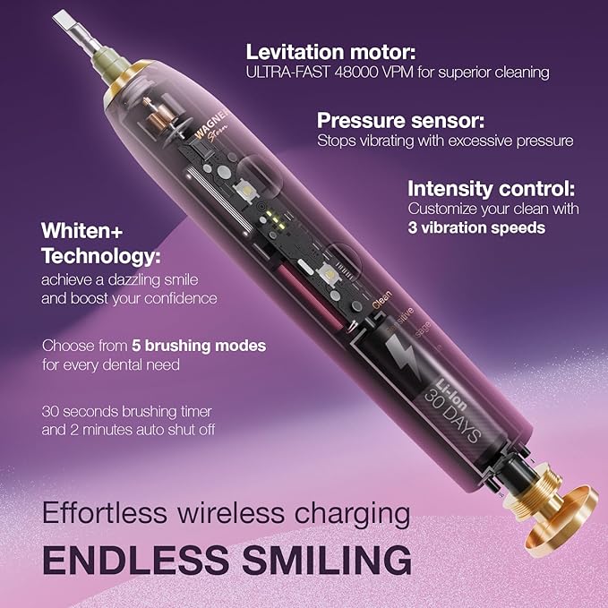 Wagner Stern WHITEN+ Edition. Whitening Electric Toothbrush with Pressure Sensor. Offers 5 Brushing Modes, 3 intensities, 8 Soft Brush Heads, and a Luxury Travel case. (Magnolia)