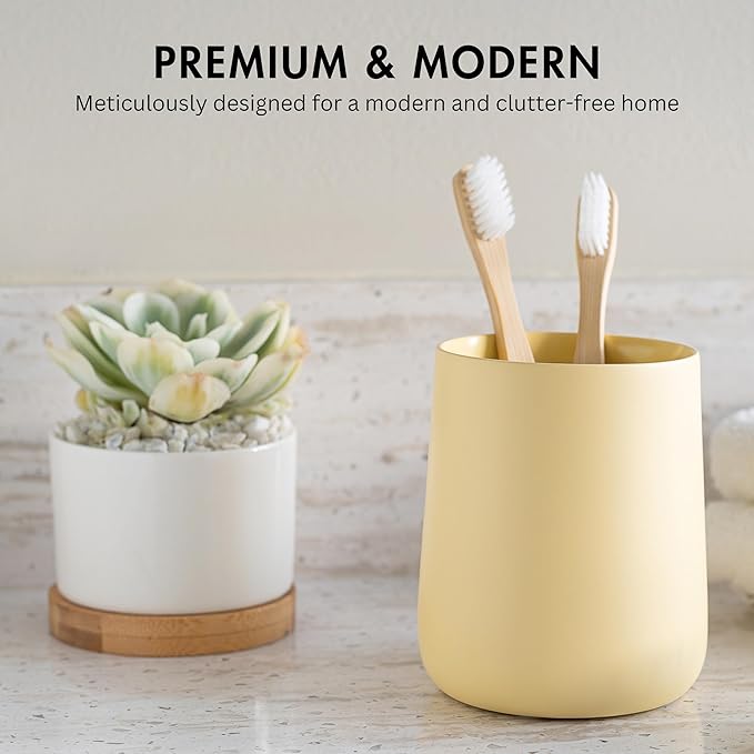 Matte Yellow Cream Toothbrush and Toothpaste Holder and Cup for Bathroom Vanity and Countertop, Round Organizer for Electric Toothbrushes, Floss, Razors, Cotton, and Mouthwash