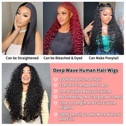 Dokihis 13x6 Deep Wave Lace Front Wigs Human Hair 22 Inch 200 Density HD Lace Frontal Glueless Wigs Human Hair Pre Plucked Deep Curly Wig with Baby Hair Natural Black