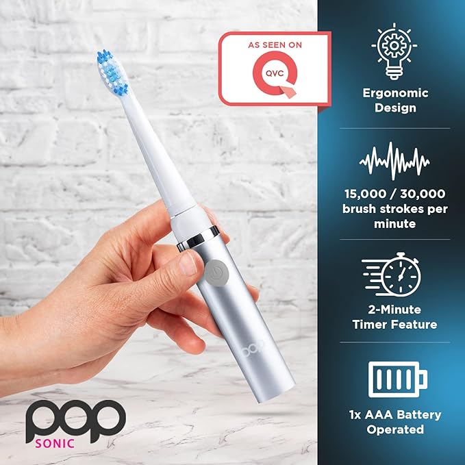 Pop Sonic Electric Toothbrush (Metallic Silver) - Travel Toothbrushes w/AAA Battery | Kids Electric Toothbrushes with 2 Speed & 15,000-30,000 Strokes/Minute, Dupont Nylon Bristles
