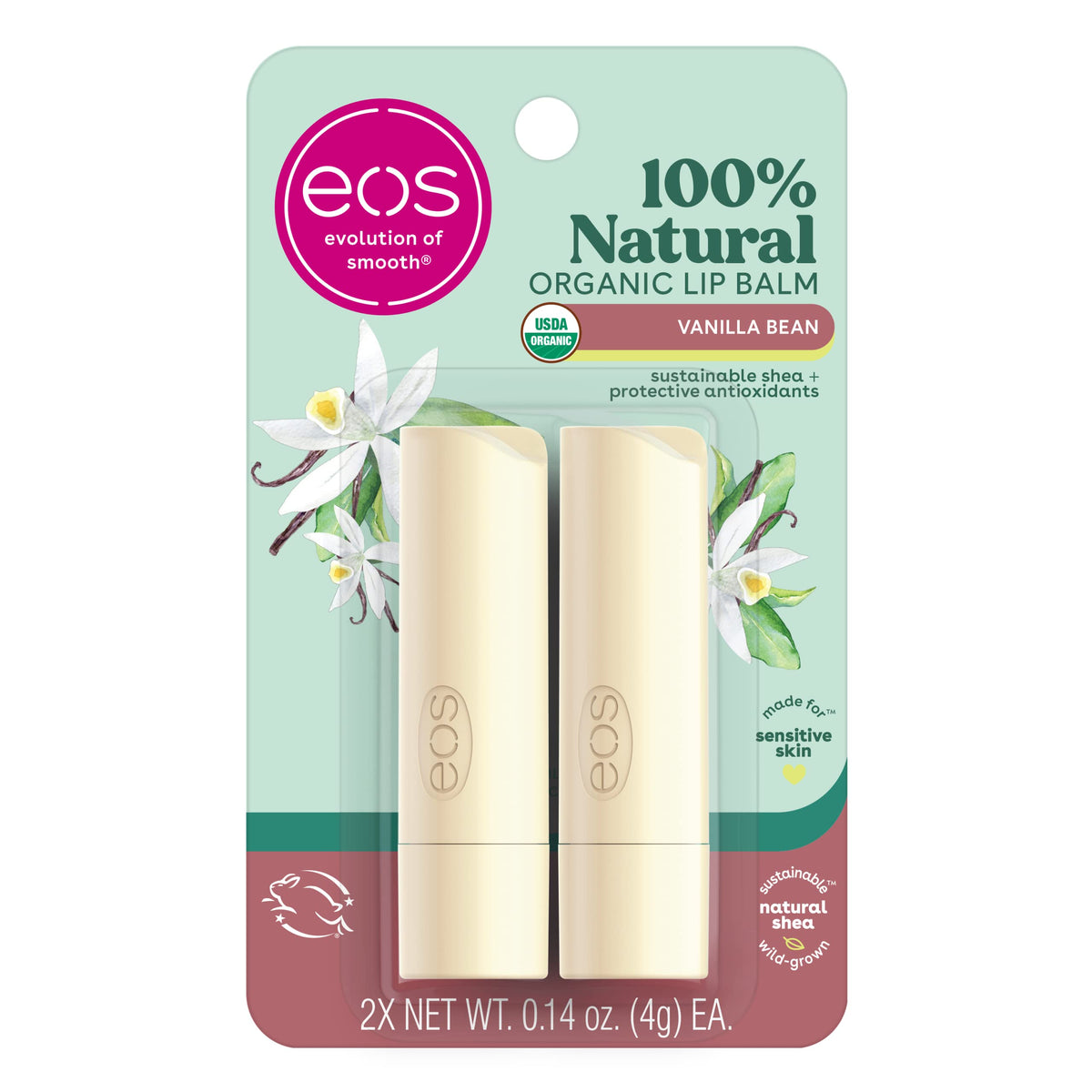 eos 100% Natural & Organic Lip Balm Sticks - Vanilla Bean, All Natural Lip Balm, All-Day Moisture, Dermatologist Recommended, 0.14 oz, 2-Pack
