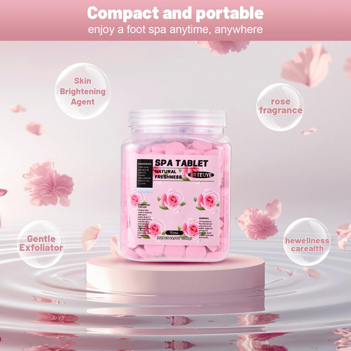 BTTEUYE Spa Foot Bath Pedicure Tablets ,Pedicure Foot Spa Supplies,Natural & Refreshing, Relieve Fatigue, Quickly Dissolve & Remove Dead Skin, Rose Fragrance, 350-Count