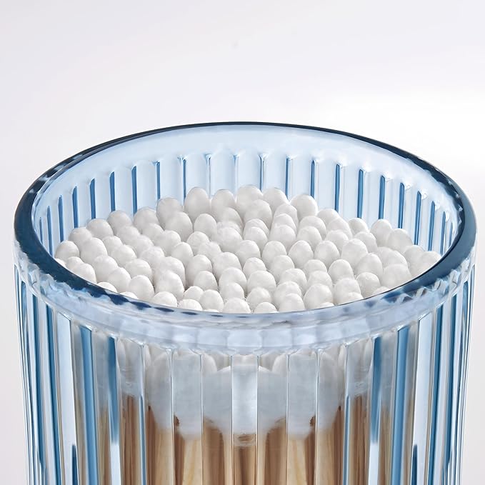 2 Pack Qtip Holders for Bathroom, Clear Glass Apothecary Jars with Lids,Vintage Bathroom Canisters for Cotton Balls,Swabs,Floss Picks,Hair Ties,Vanity Organizer and Storage Decor (Blue)