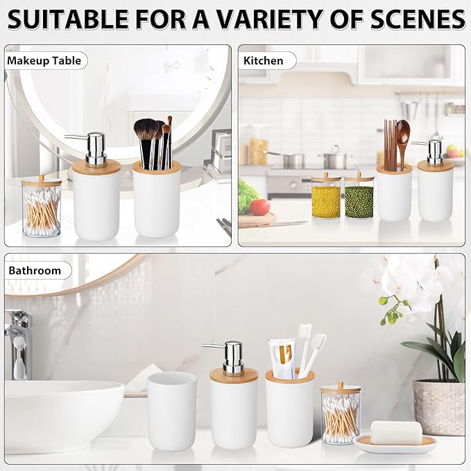 iMucci Bathroom Accessories Set 5Piece White Bathroom Sets, Toothbrush Holder, Toothbrush Cup, Lotion Soap Dispenser, Soap Dish and Qtip Holder Bathroom Decor