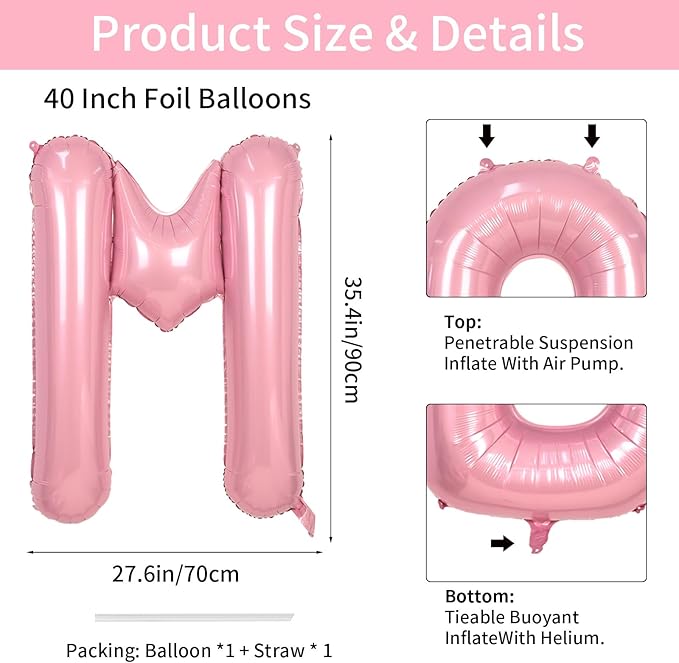 Biapian 40 Inch Giant Pink M Balloon - Single Alphabet M Foil, Light Pink Name Letter Balloon for Girls Women Birthday Party Decoration, Baby Shower, Anniversary Supplies