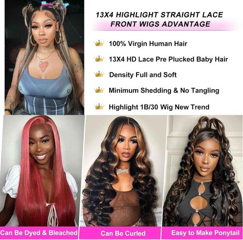 Ombre Lace Front Wig Human Hair 22 Inch 180% Density FB/30 13x4 Full Frontal Hd Transparent Lace Straight Lace Front Wig Human Hair Colored Wigs For Black Women Frontal Highlight Wig Human Hair
