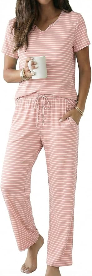 Ekouaer 2 Piece Womens Pajamas V Neck Short Sleeve Top and Long Pants Pjs Print Lounge Set Sleepwear