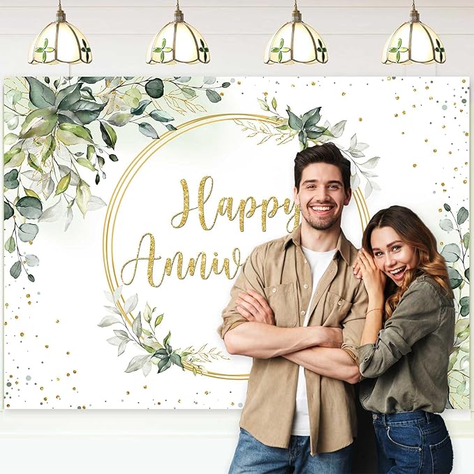 Sensfun 8x6ft Happy Anniversary Backdrop Sage Green Eucalyptus Wedding Anniversary Party Decorations Greenery Marriage Memorial Day Cheers to 10 Years 25th 40th 50th Wedding Day Banner