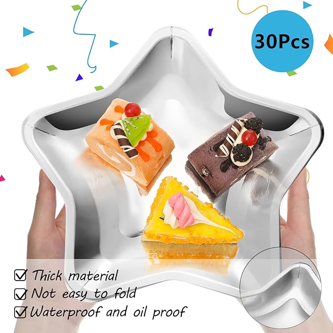 Patelai 30 Pieces Thick Star Shaped Paper Plates Disposable Party Plate Pentagram Dinnerware Decorations for Graduation Independence Day Wedding Birthday Baby Shower, 9.45 Inch(Silver)